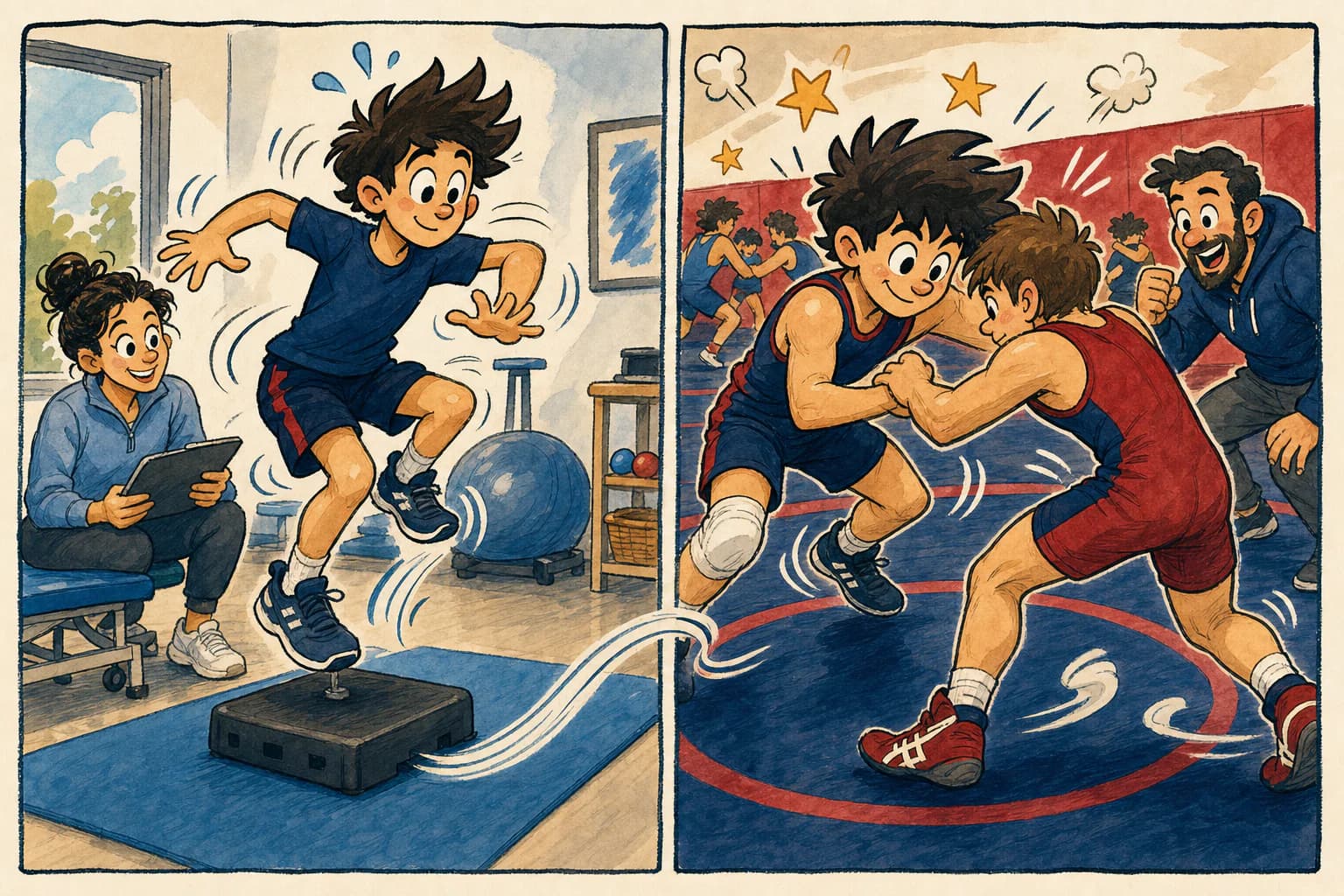 Illustration in two panels of the same teenage athlete completing a controlled landing in a rehabilitation clinic and wrestling with a partner during a busy practice