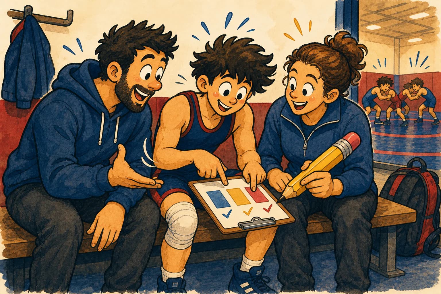 Illustration of a teenage wrestler, coach, and rehabilitation clinician sitting together and discussing a practice plan on a clipboard