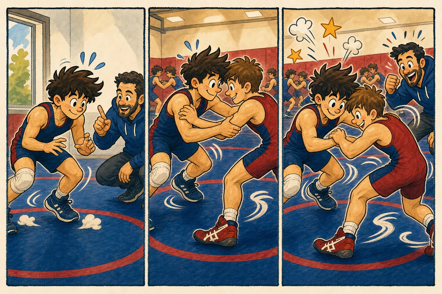 Illustration in three panels of a teenage wrestler progressing from solo stance practice to a cooperative drill and then live practice while a coach observes